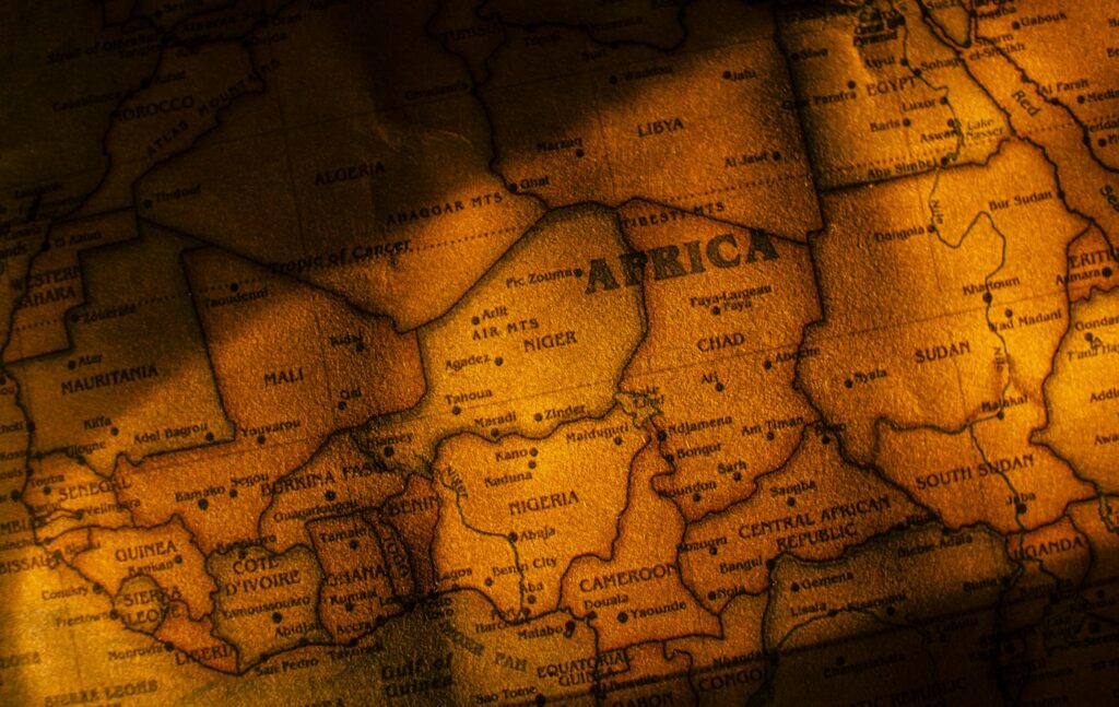 Close up of a vintage map of Africa used to plan a safari route