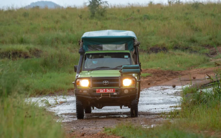Safari vehicle on a wet track in Kidepo Valley National Park