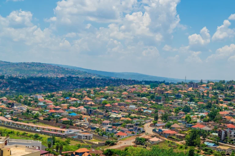 Aerial view of Kigali with colourful rooftops