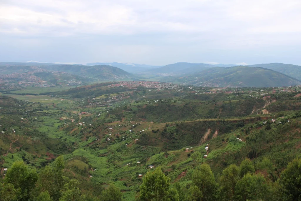 Aerial view of Kigali’s green hills and valleys