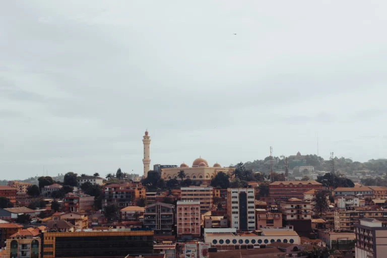 Aerial view of Kampala with a mosque and the city